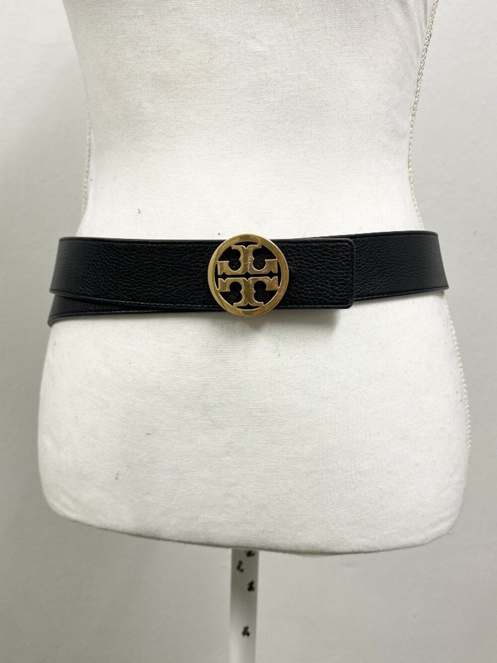Tory Burch Gold Emblem Logo Black Leather Belt Size XL